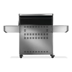 Stainless steel BBQ grill with side shelves and wheels for outdoor cooking