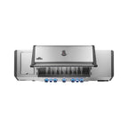 Stainless steel gas grill with blue control knobs and sleek design for outdoor BBQ cooking