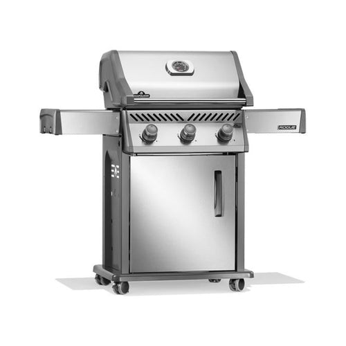 Napoleon Rogue 425 3-burner propane gas grill with folding side shelves in stainless steel, model R425PSS-2
